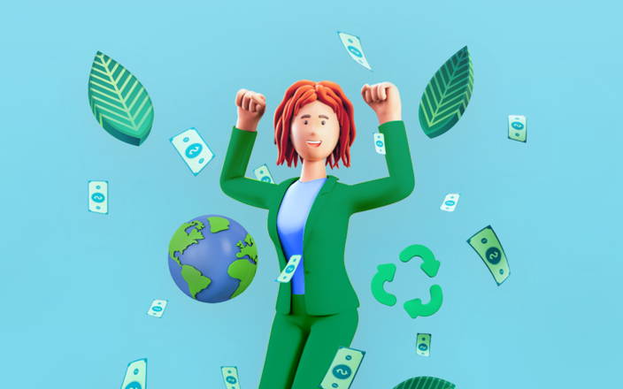 Leaves, money, recycling logos, and the earth around a business woman dancing for Confetti's Earth Day Jeopardy (Preview)