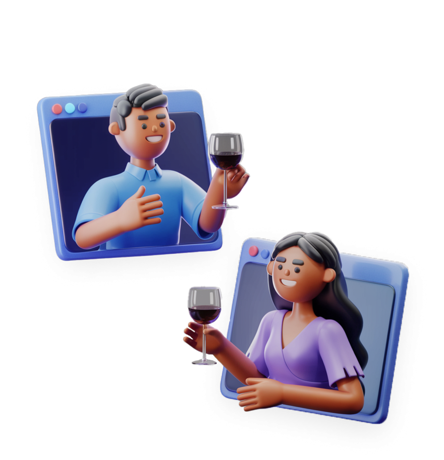 People in browser screens holding glasses of wine