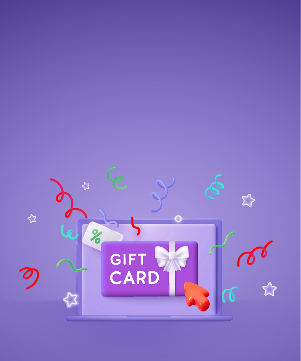 A purple laptop's computer screen showing an online gift card, surrounded by confetti for Confetti's Virtual Online Gift Card
