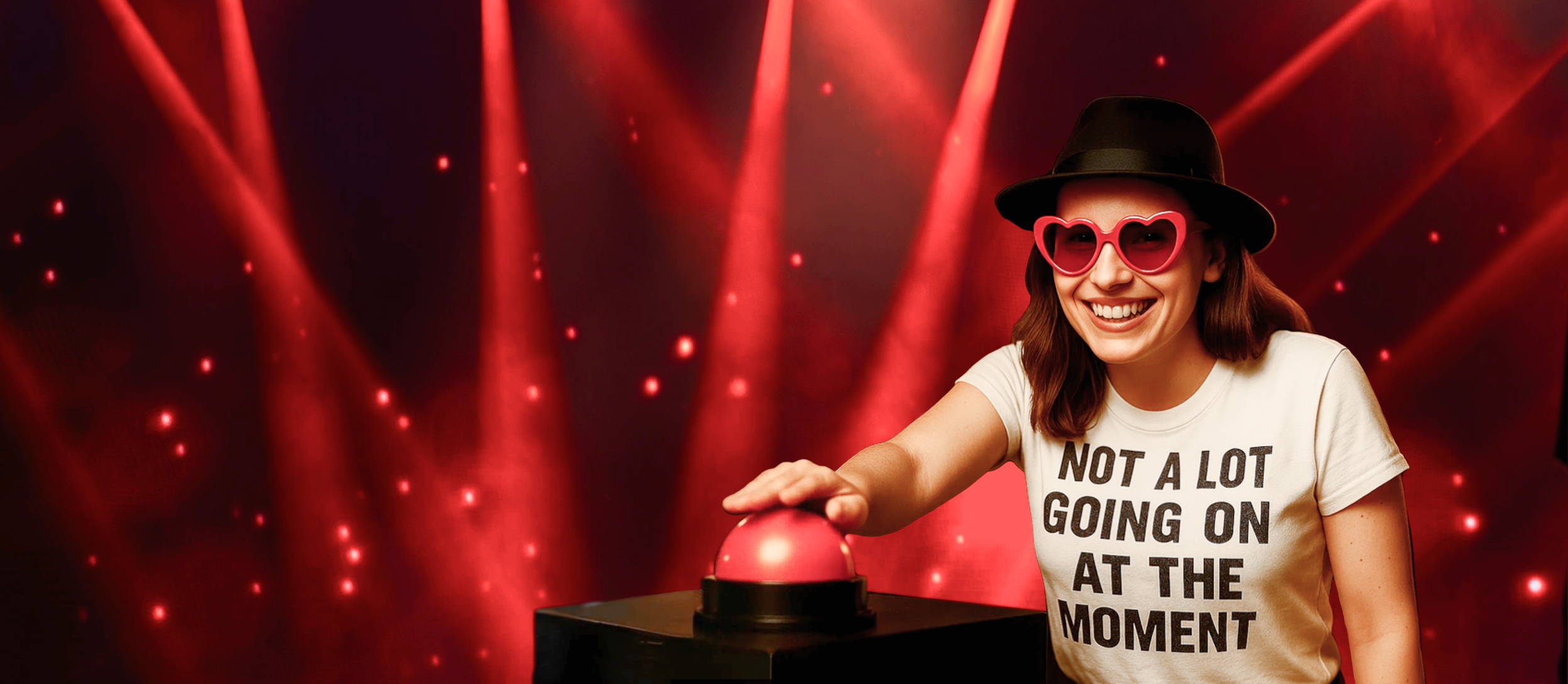 Woman with a swifty shirt, heart-shaped sunglasses & a black hat, with her hand hovering over a red buzzer 