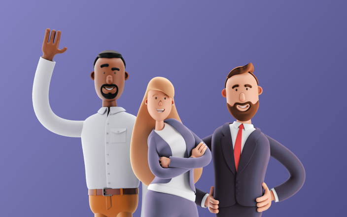 Three cartoon business people smiling and waving for Confetti's Virtual Custom Family Feud Game