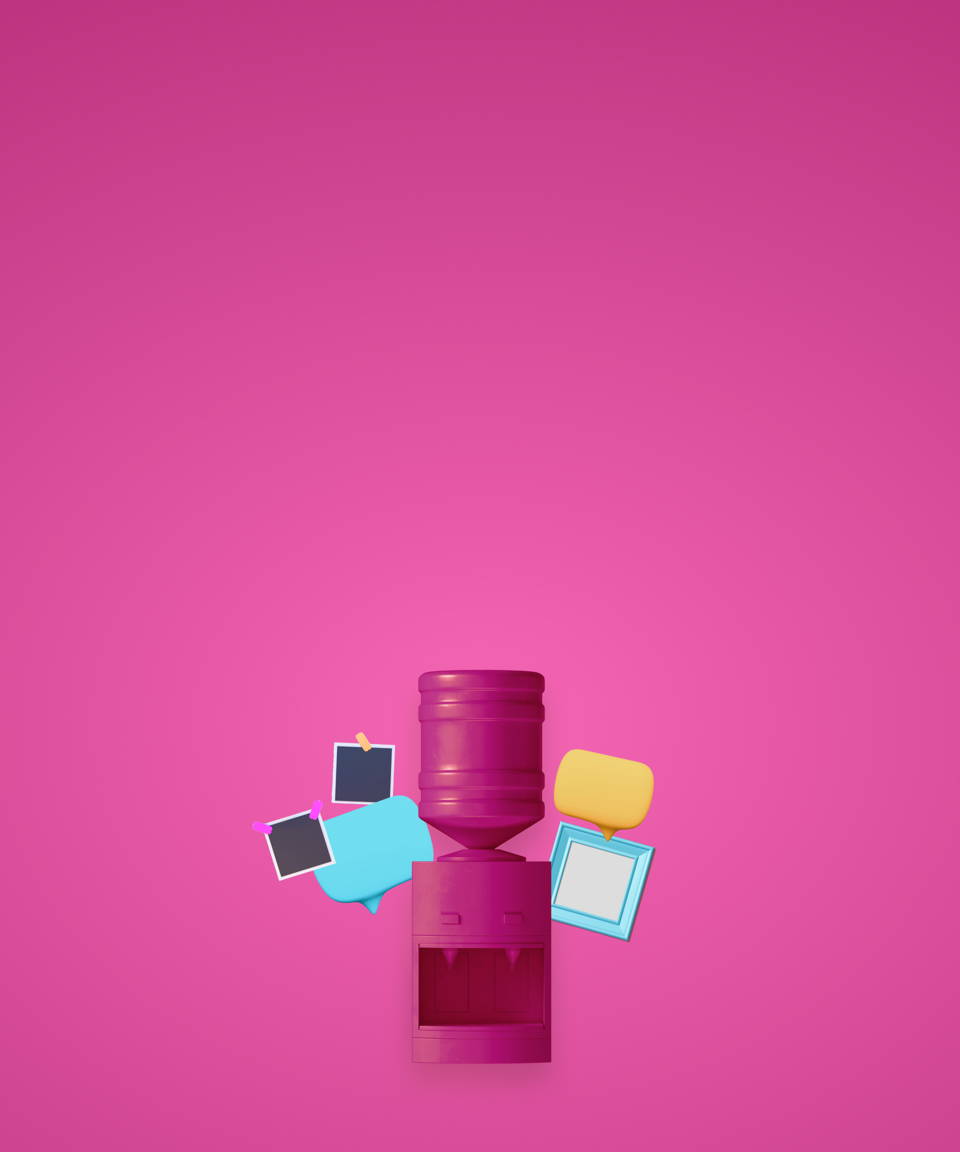 A pink water cooler surrounded by various notes and picture frames for Confetti's Virtual Show 'N Share Water Cooler