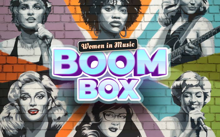 Women in Music Boom Box logo over graffiti wall art