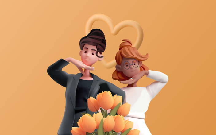 A newly married couple with a bouquet of tulips for Confetti's Virtual Wedding Family Feud