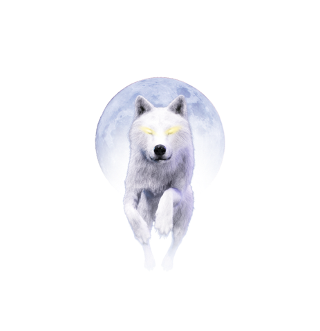 Werewolf with lit up eyes jumping in front of a full moon