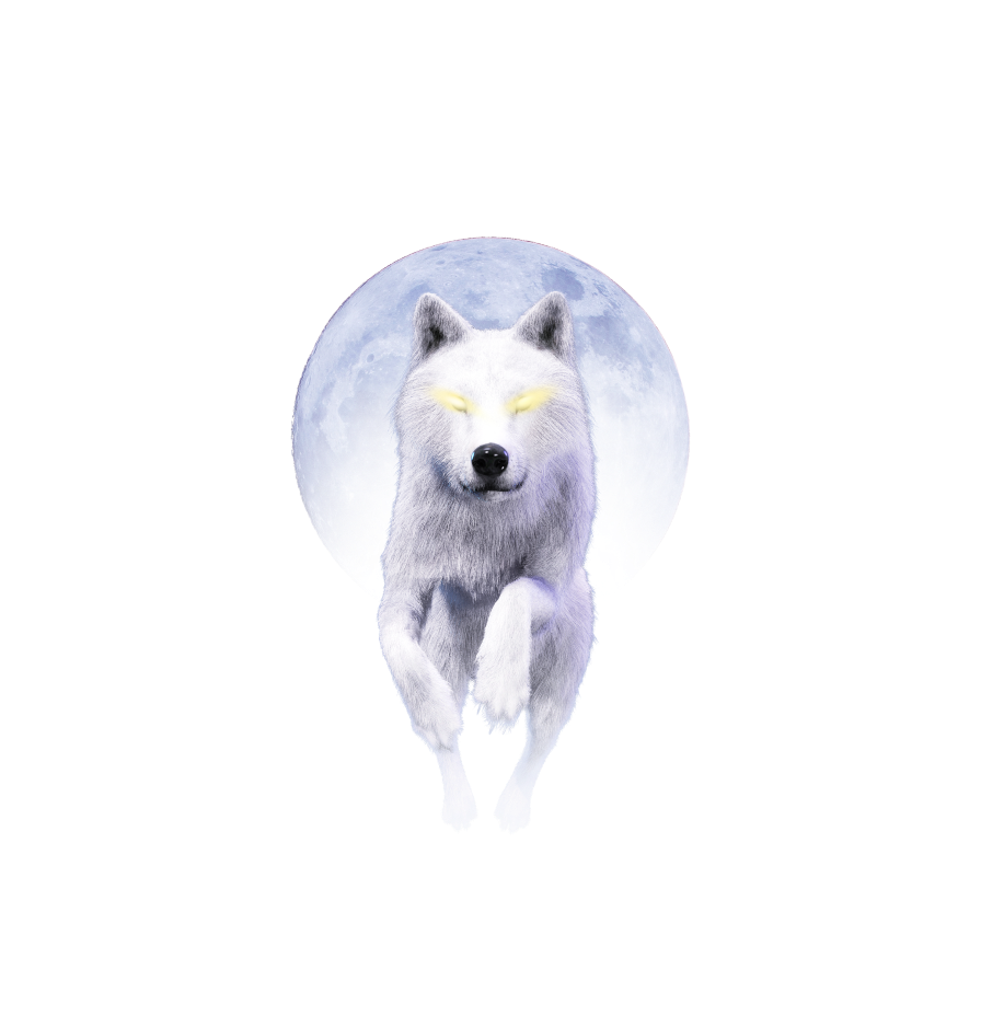 Werewolf with lit up eyes jumping in front of a full moon