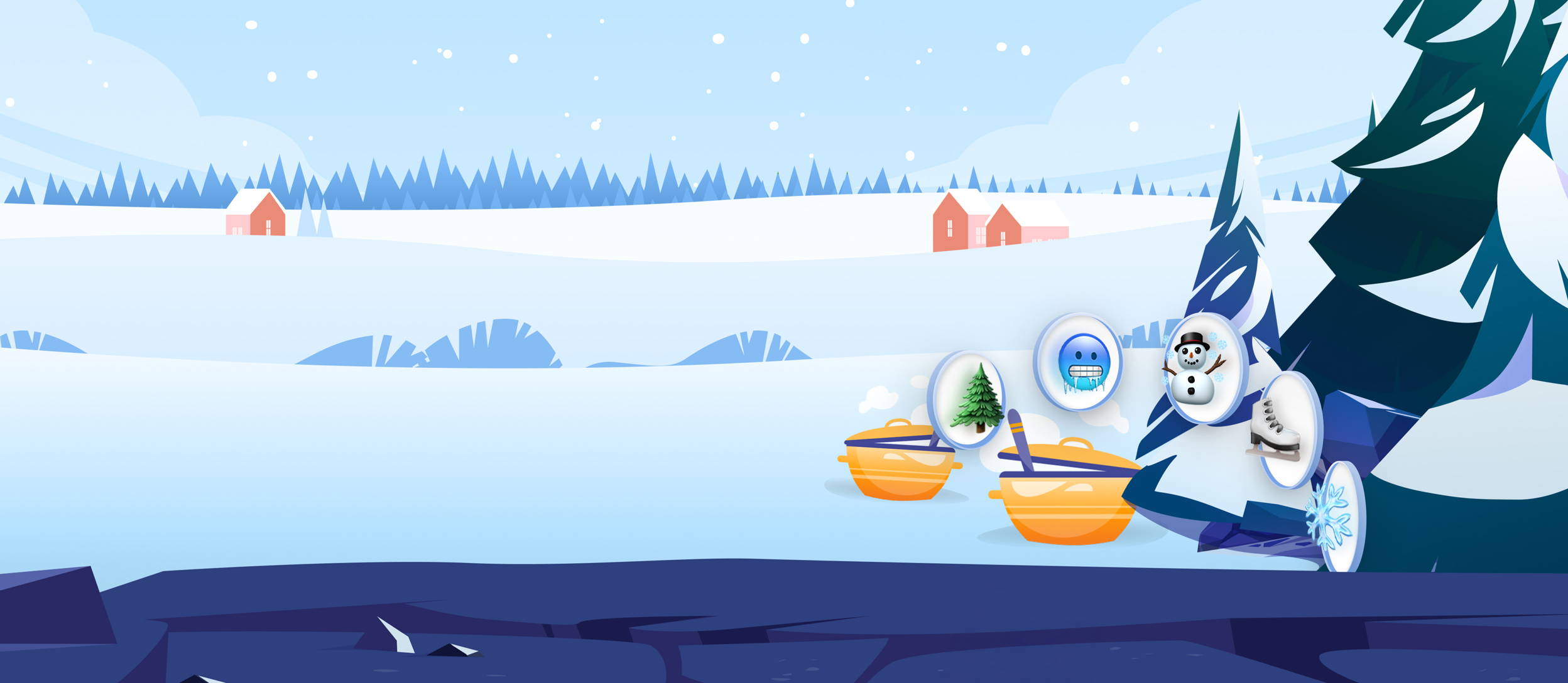A wintery scene of reindeer in front of a snowy town for Confetti's Virtual Holiday Team Games