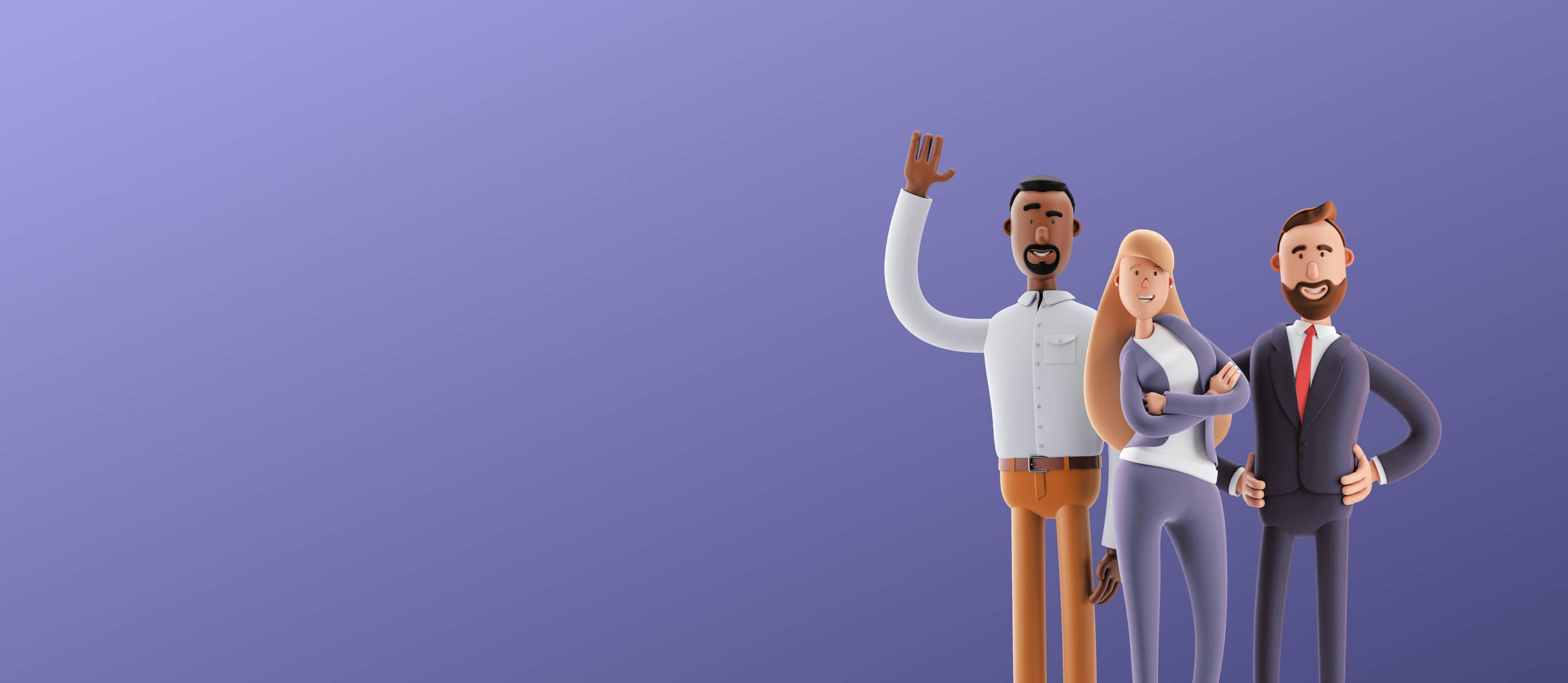 Three cartoon business people smiling and waving for Confetti's Virtual Custom Family Feud Game