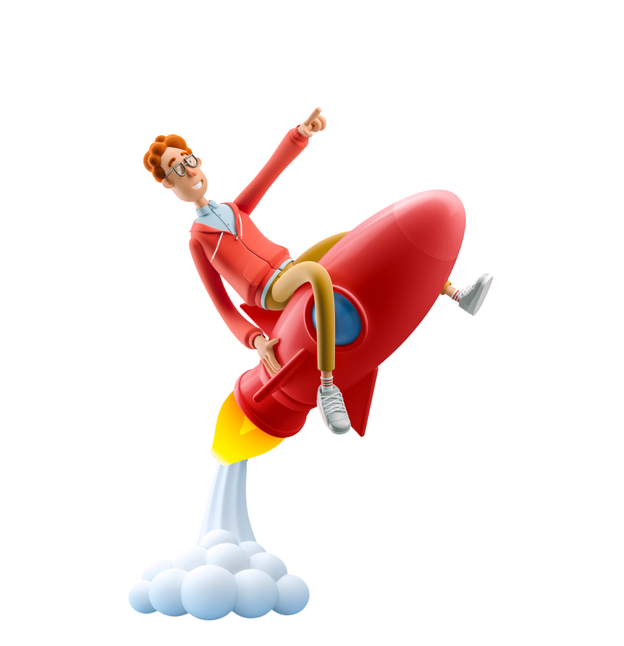 Man pointing and riding a rocket that's blasting off