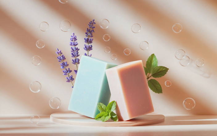 Blue and pink bar soap, lavender, mint, and bubbles (preview)
