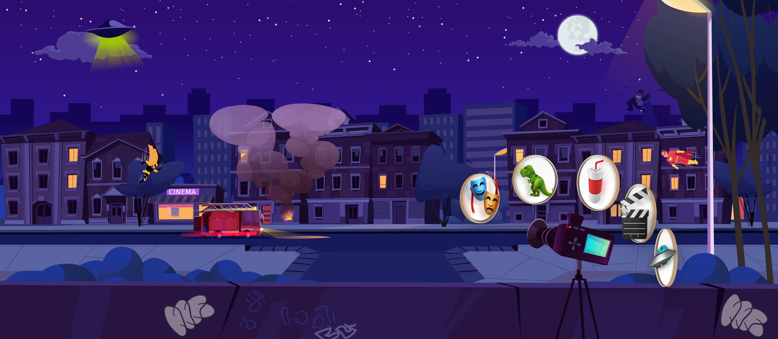 Themed icons in a nighttime cityscape with a lit up cinema in the background