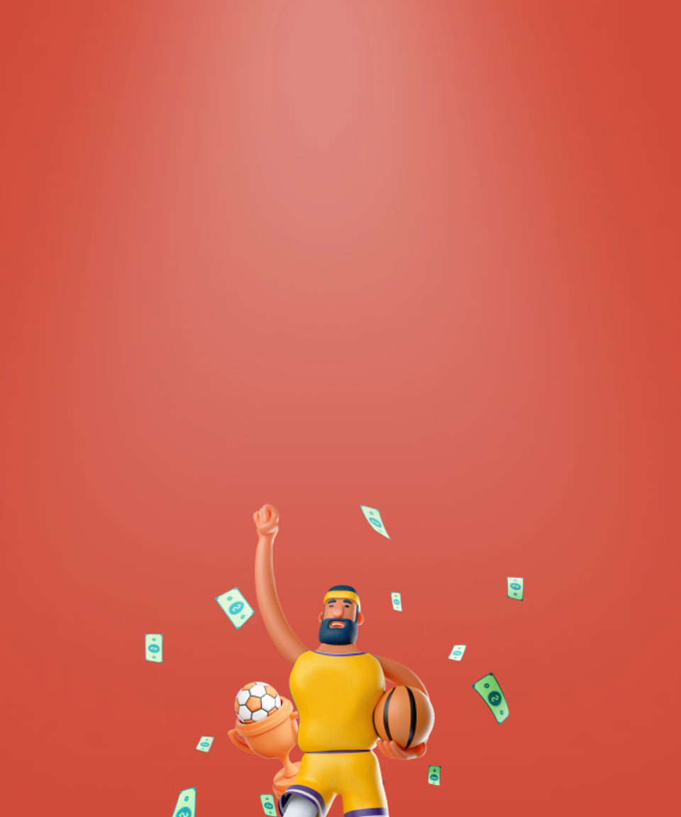 Athlete holding a basketball, soccer ball inside of a trophy, and flying bills (small)