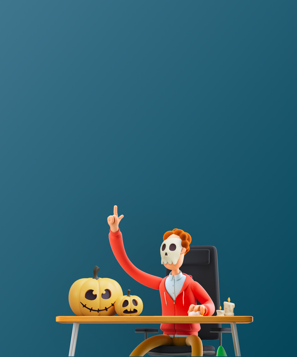 Man wearing a skull mask at a desk with pumpkins (small)