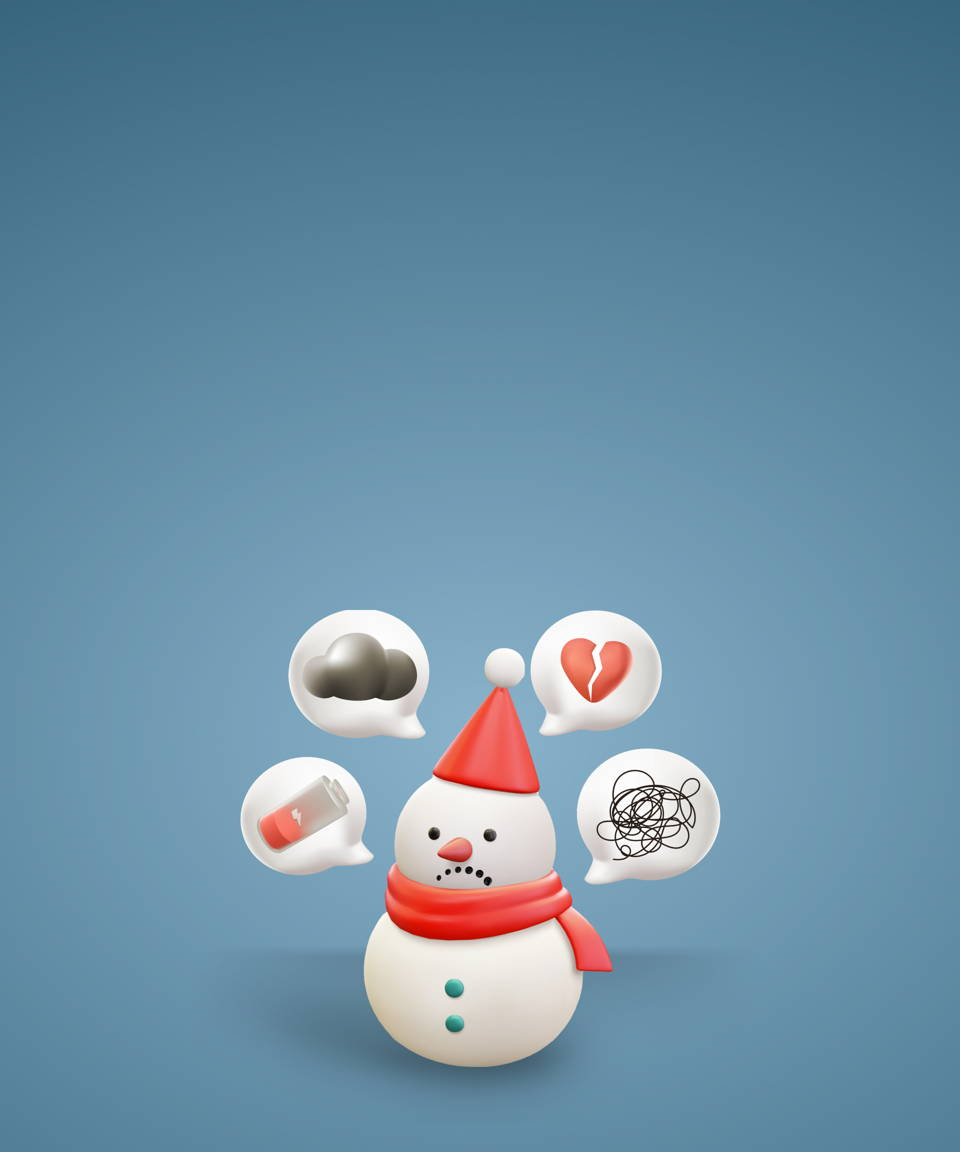 A snowman with four speech bubbles showing drained batteries, scribbles, a broken heart, and a dark cloud for Confetti's Virtual Managing Holiday Stress