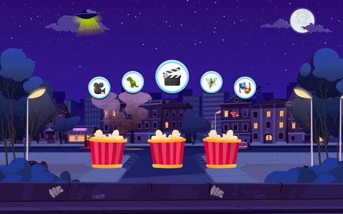 3 buckets of popcorn with icons above in a nighttime cityscape background