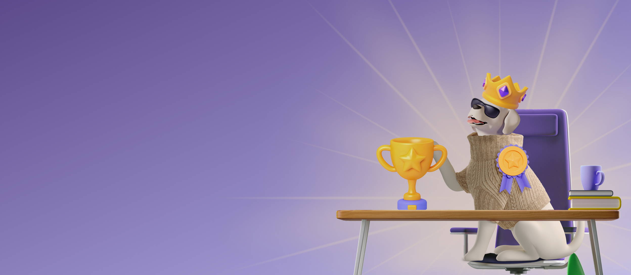 A dog wearing a sweater and a crown at a desk sitting in an office chair at a desk with a trophy for Confetti's Virtual Work Trivia Games
