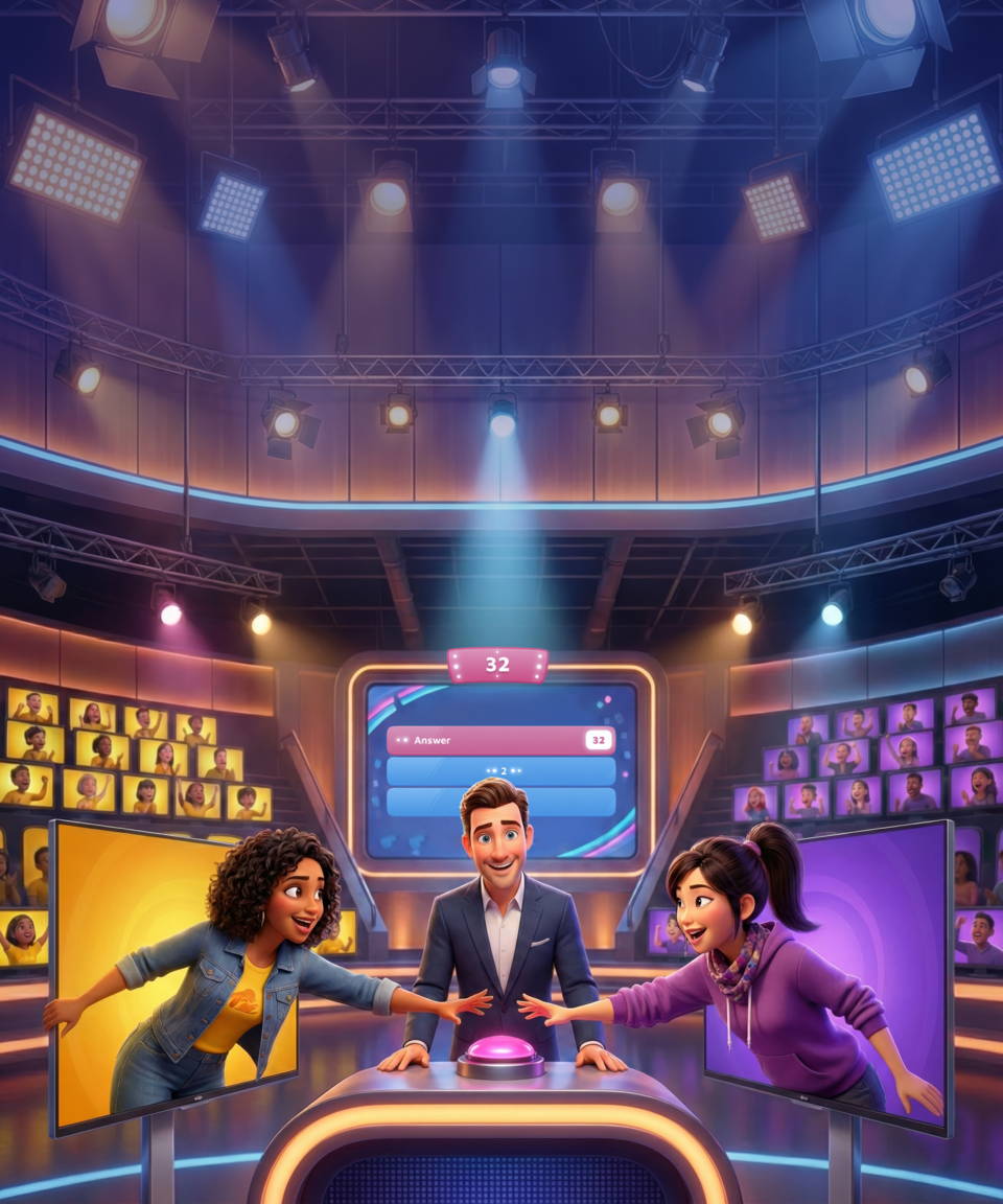 Two women go head-to-head in a Family Feud-style game. The host stands there reading the question.