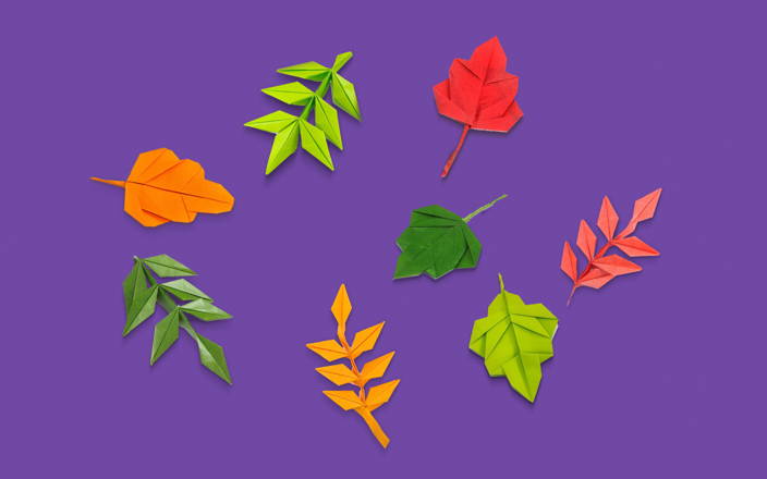 Colorful origami leaves for Confetti's Virtual Online Origami Classes