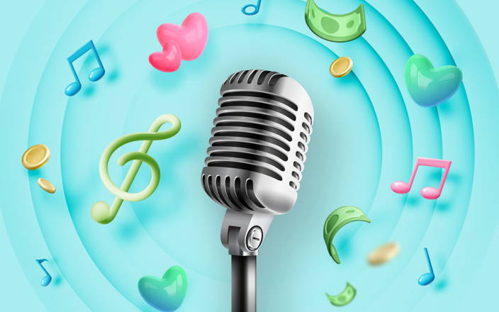 Retro microphone with hearts, money, and musical notes (preview)