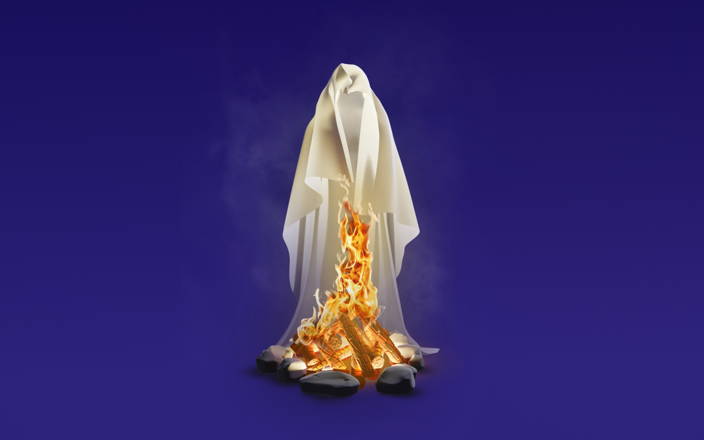 A spooky floating sheet ghost above a roaring campfire for Confetti's Virtual Campfire Team Building