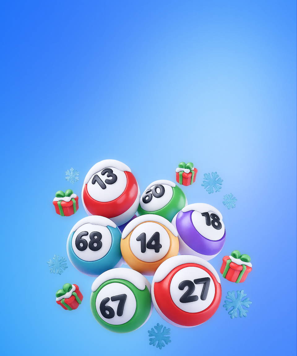 Frosted bingo balls with floating presents & icicles  