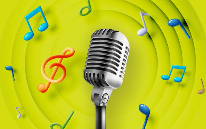 Microphone, play button, and musical notes (preview)