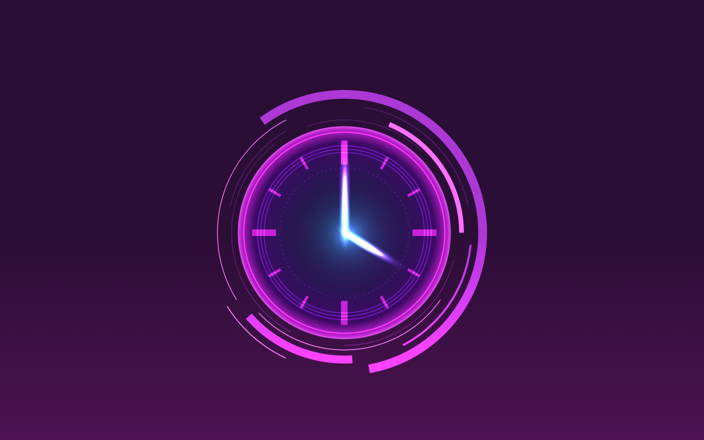 Lit up analog clock with purple background