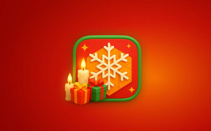 Two burning candles with two presents, in front of a large snowflake on a red background