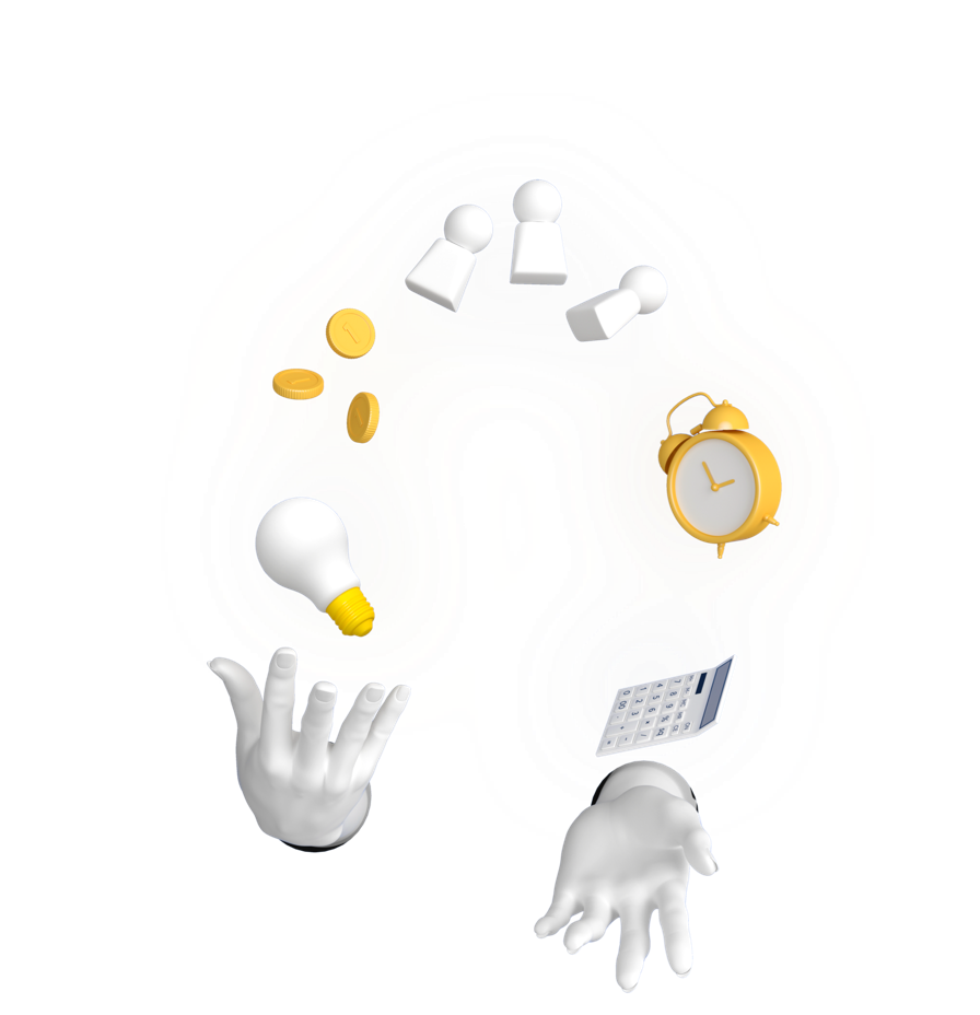 Hands juggling coins, a clock, calculator, and lightbulb for Admin Assistant Day Ideas