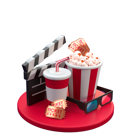 Clapboard, 3d glasses, popcorn, soda, and admission tickets