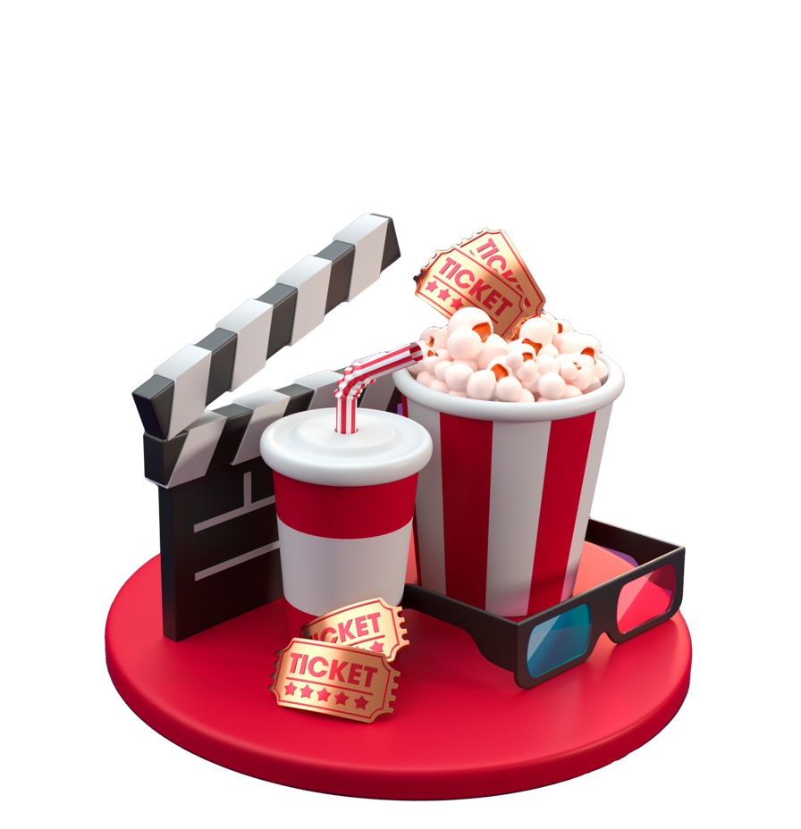 Clapboard, 3d glasses, popcorn, soda, and admission tickets