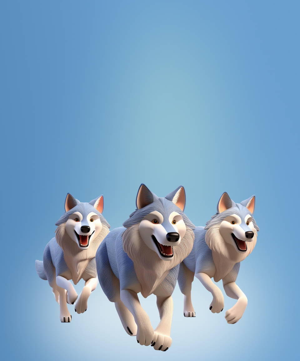 Three wolves running in a pack with blue background (small)