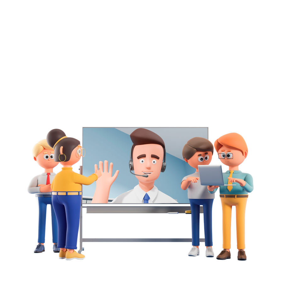 Four in-person coworkers gathered around a screen for a virtual team building event 