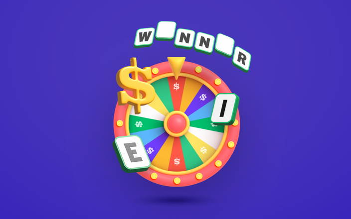 Vowels on a spinning wheel with letters that spell out 'winner' (preview)