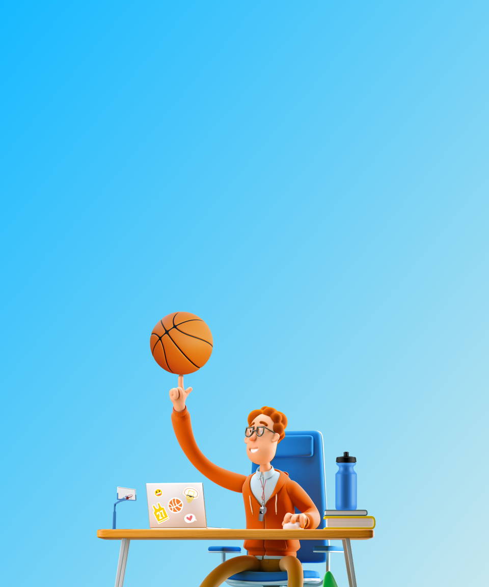 An employee spinning a basketball on their finger at their desk for Confetti's Virtual March Madness Trivia 