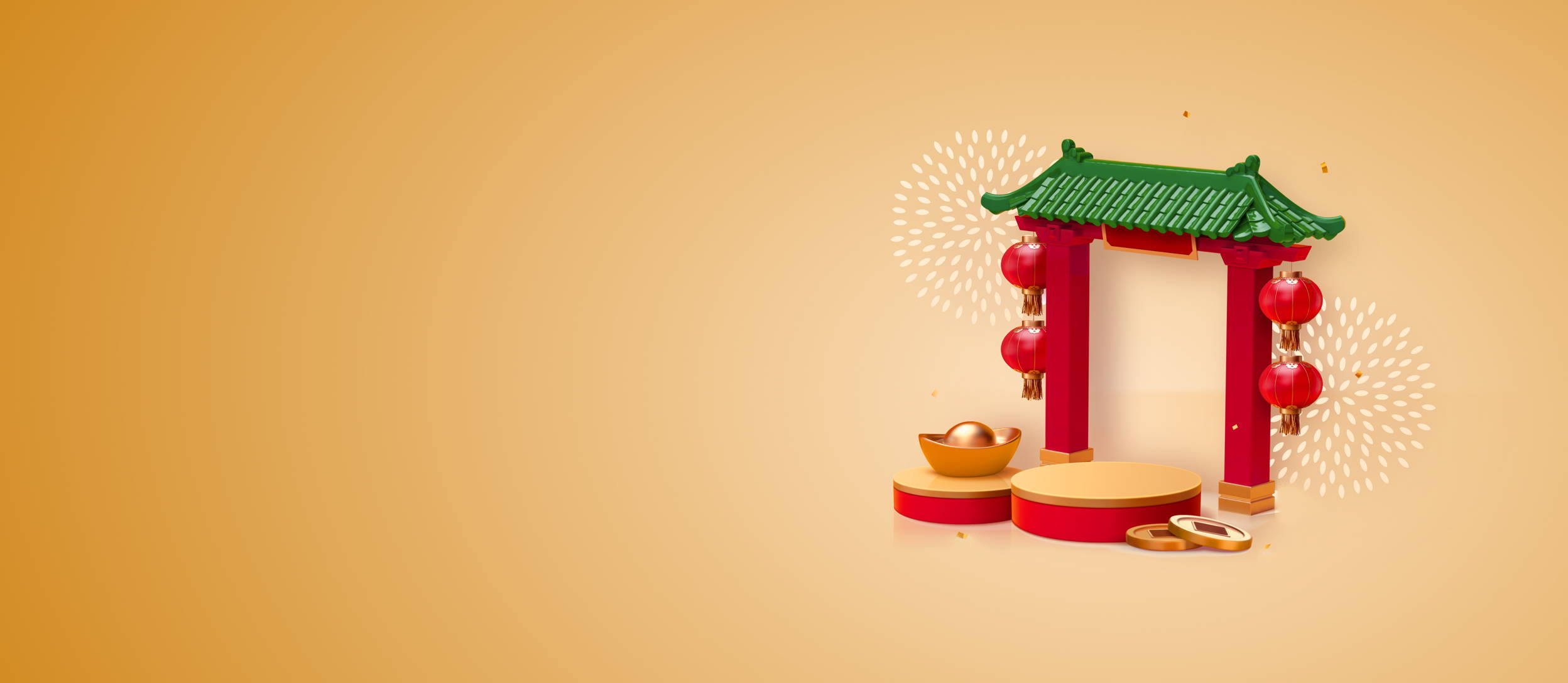 Chinese arch with red lanterns, gold coins, fireworks (large)