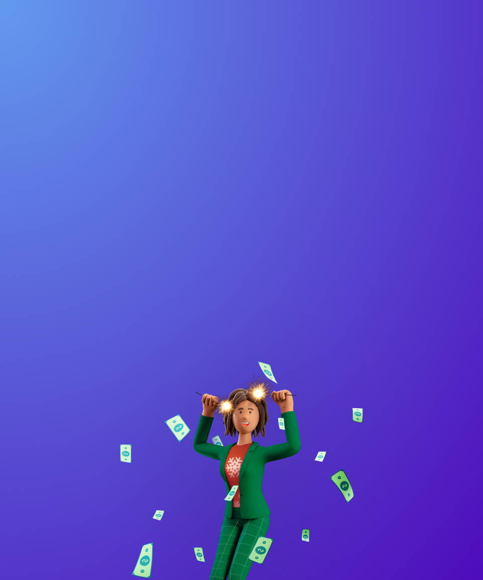 Jumping woman in festive attire holding sparklers with money bills flying (small)