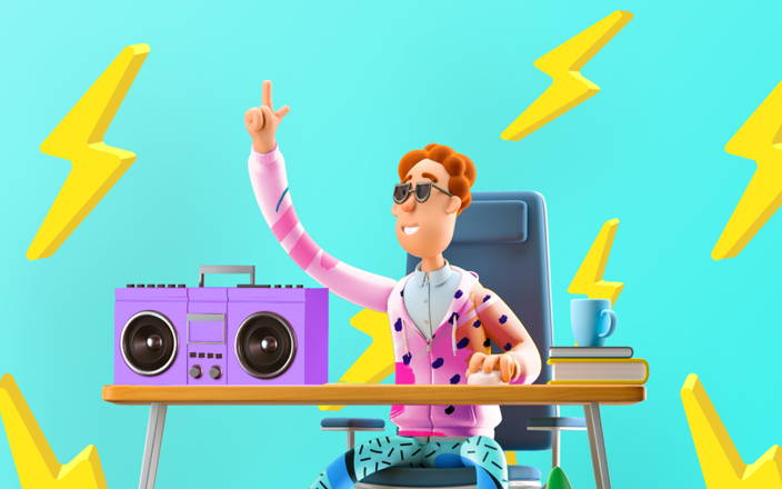 An employee wearing a 90's hoodie and patterned pants sitting at their desk and raising their hand next to a big boom box with big lightning bulbs in the background for Confetti's Virtual Team Trivia