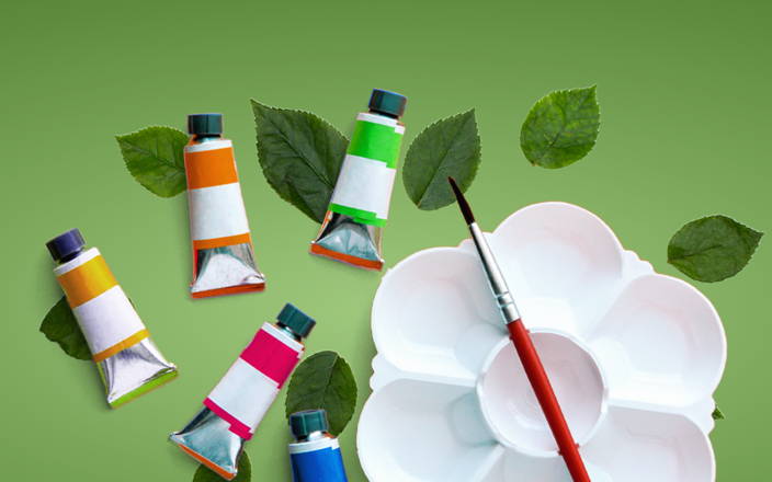 Materials for a sustainable art painting class, including paint, a brush, and a palette (preview)