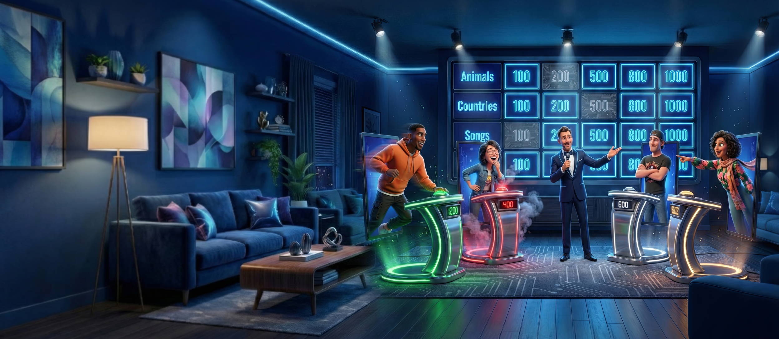 A group of four people play a game similar to Jeoparty. There is a big board in the back with categories and numbers.