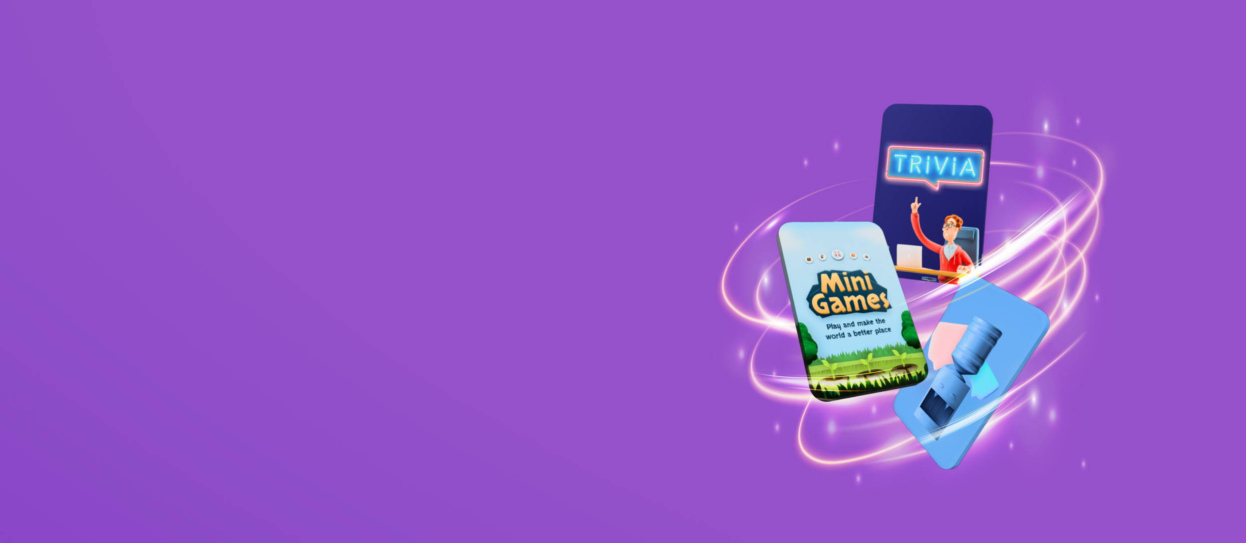 The logos for Confetti's Water Cooler, Mini Games, and Classic Trivia in a sparkly whirlpool for Confetti's Virtual Zoom Games for Work