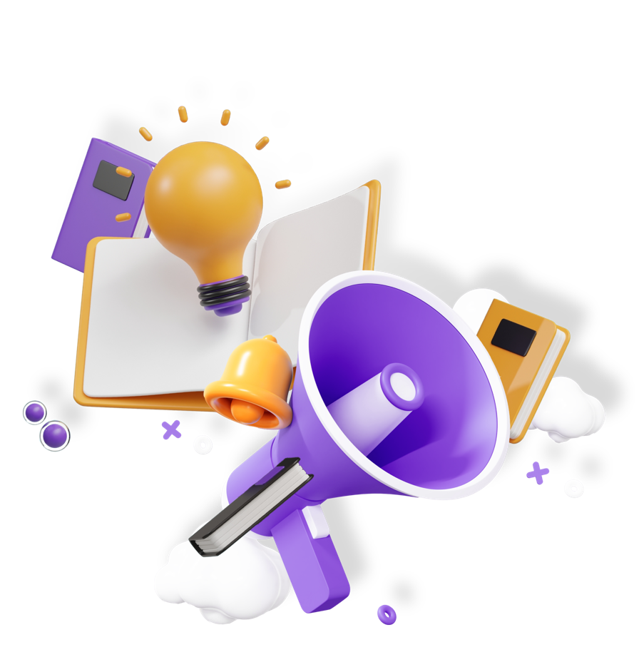 Notebooks, megaphone, bell, and lightbulb for Online History Classes