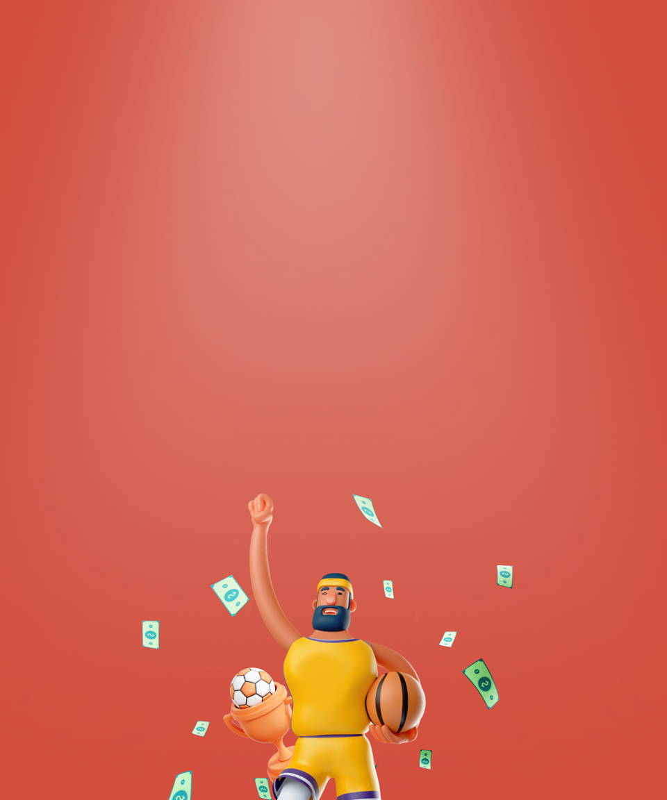 Jumping athlete holding basketball, prize cup with soccer ball, and flying money bills (small)