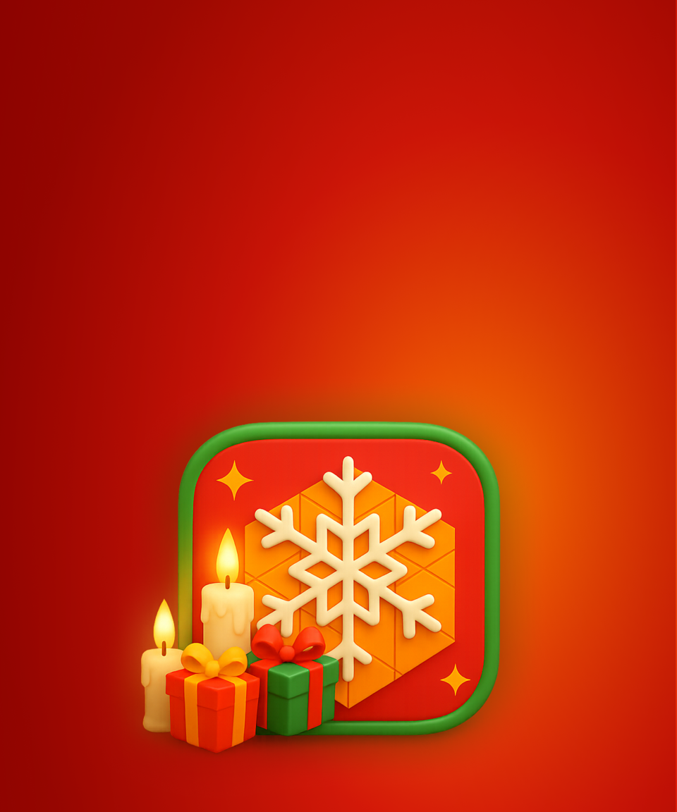 Two burning candles with two presents, in front of a large snowflake on a red background