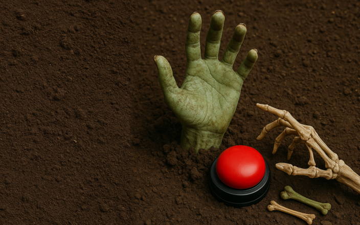 Frankenstein hand and skeleton hand reaching out to a red buzzer