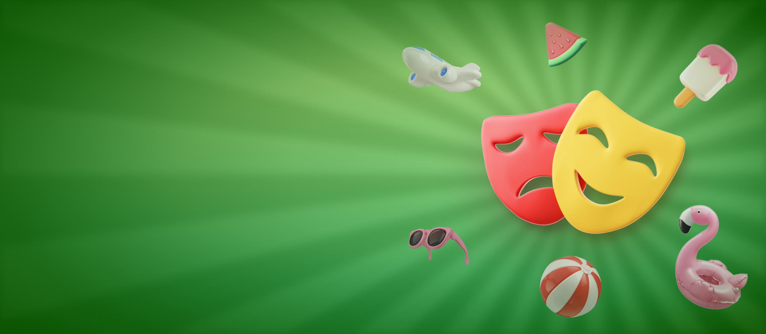 Comedy and tragedy masks with popsicle, plane, watermelon, inflatable ball, floaties, and sunglasses (large)