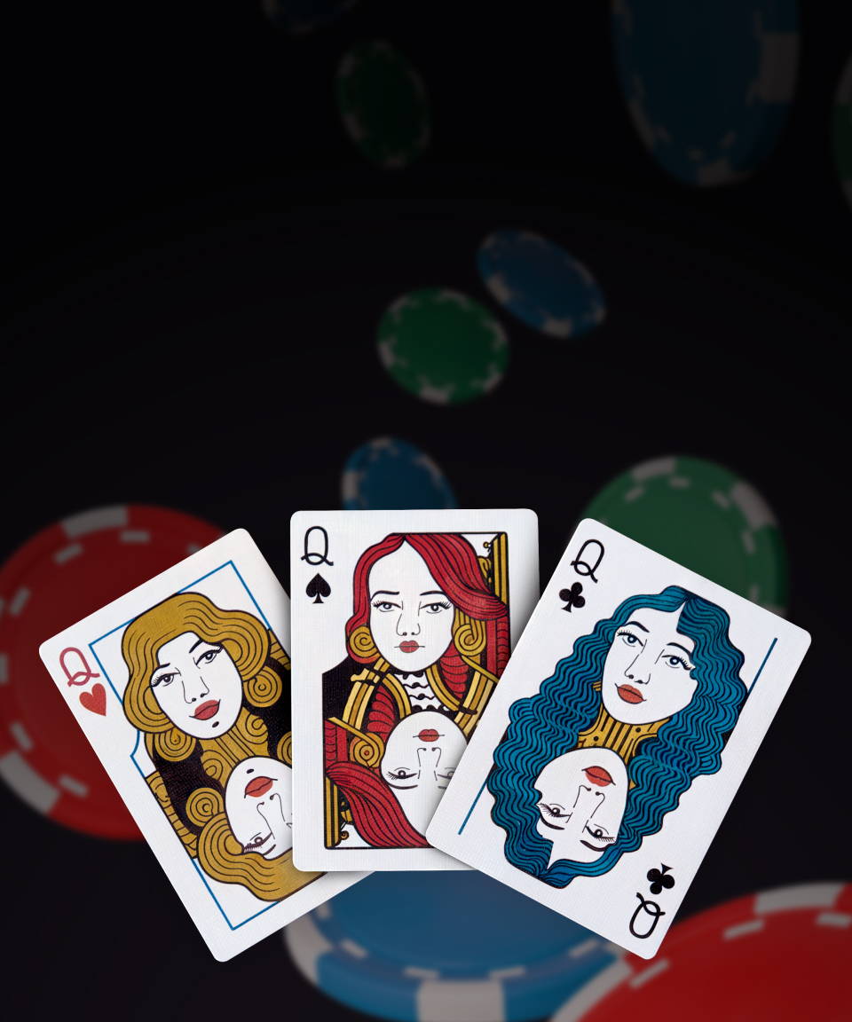 Three queen cards and poker chips (small)