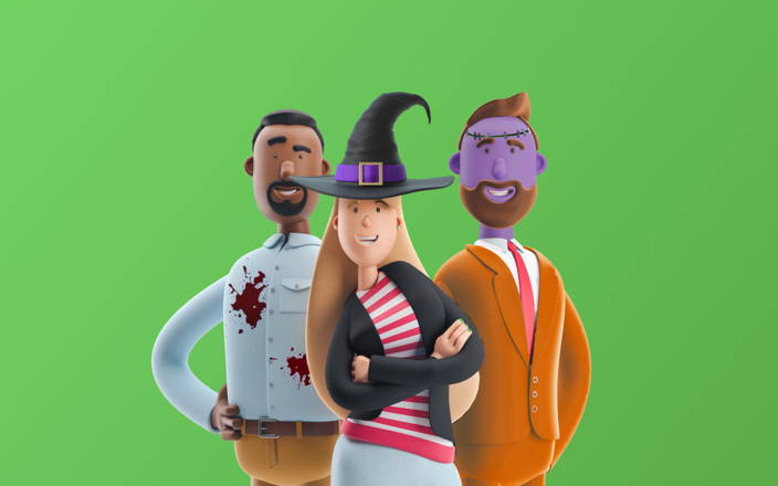 Three 3D cartoon employees dressed in Halloween costumes for Confetti's Virtual Halloween Family Feud