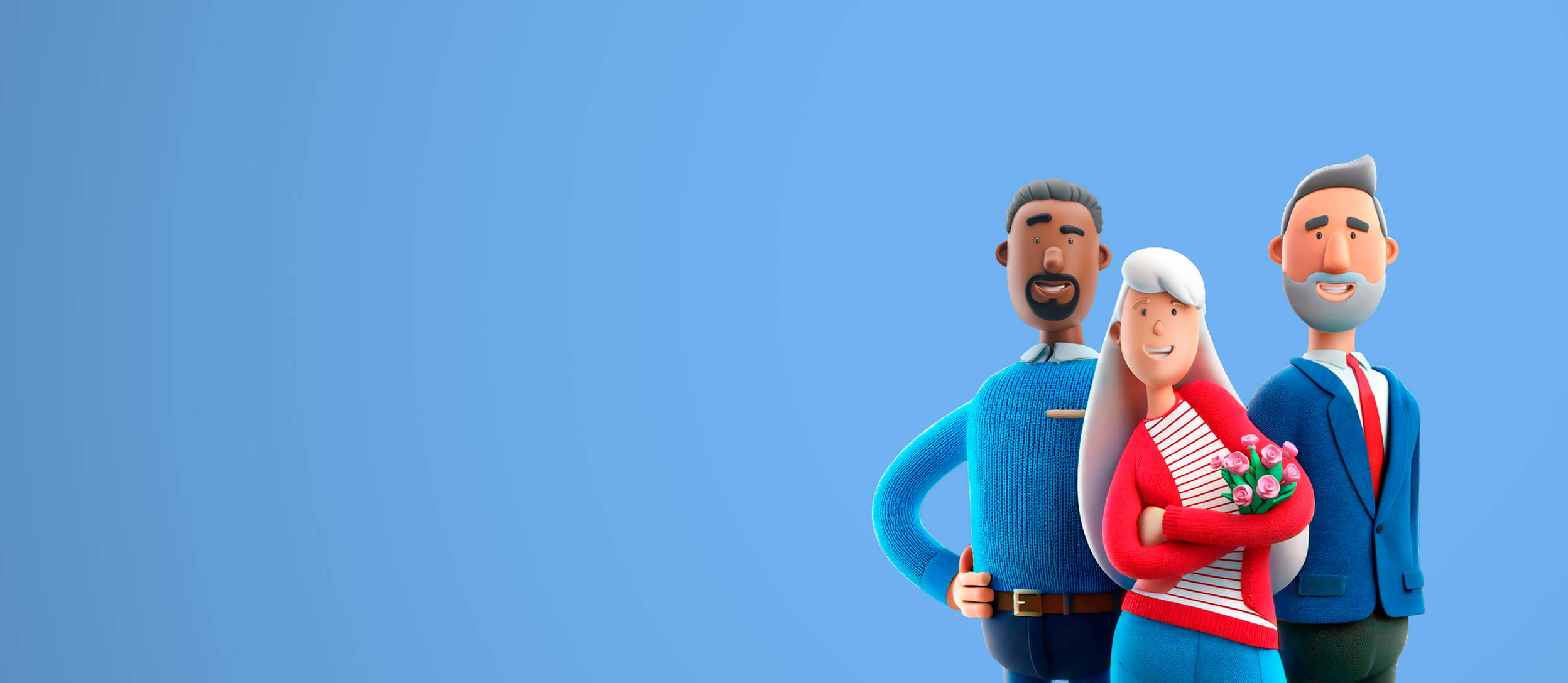 Three smiling retiring employees in front of a blue background (large) 