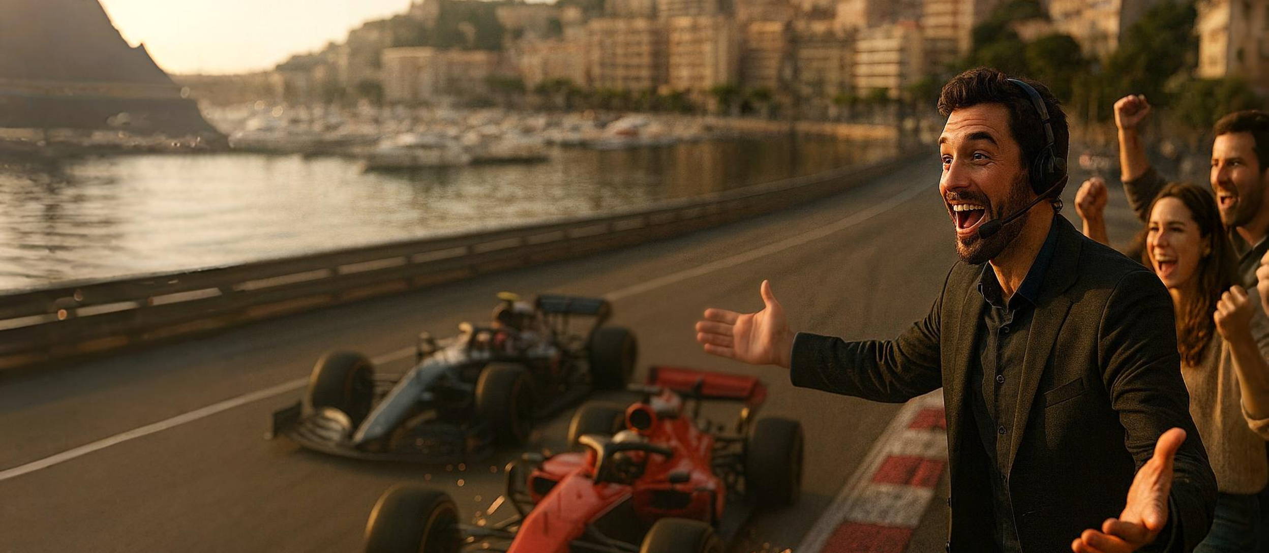 Excited announcer at an F1 race with two cars driving/racing by